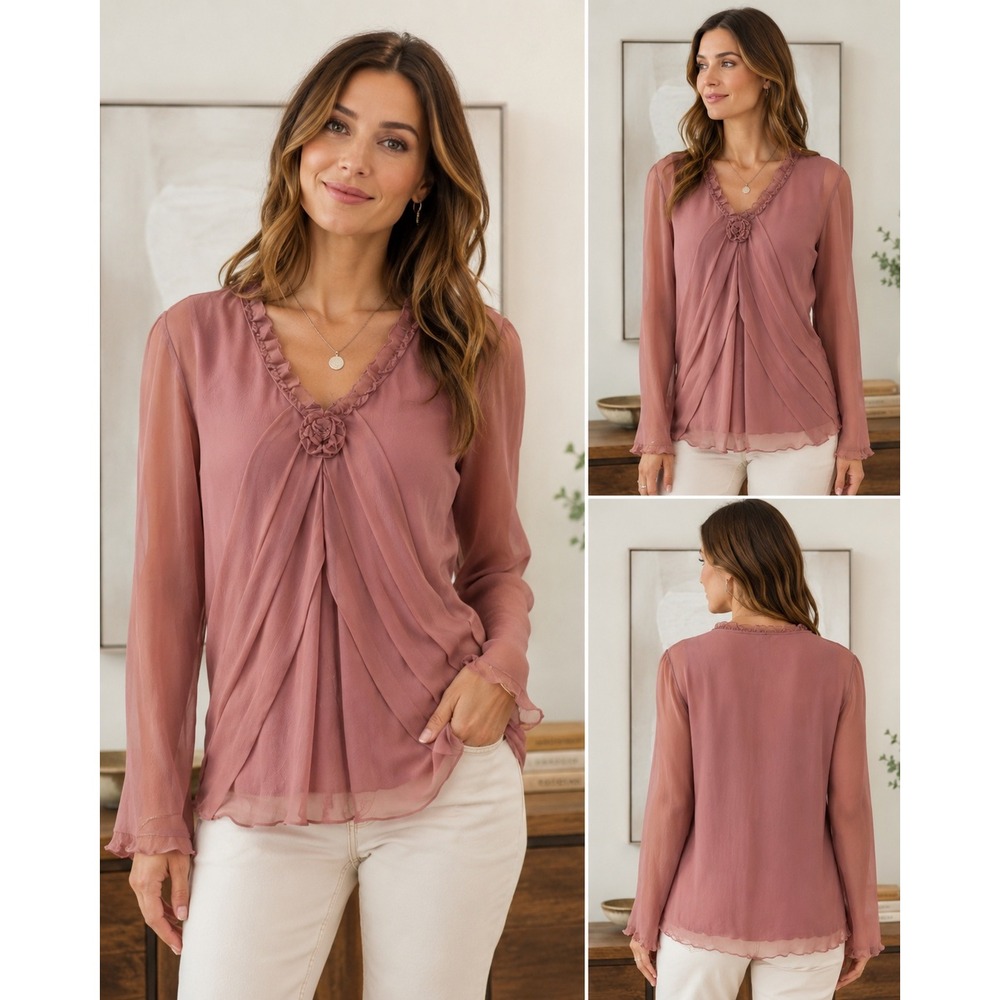 Sioni Silk Tunic Blouse XL Mauve Pink Ruffle Sheer Lined Boho‎ Romantic Top